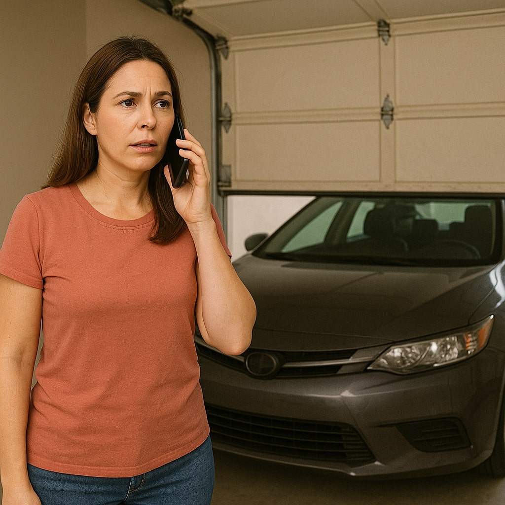 Broken garage door spring requiring emergency repair service.
