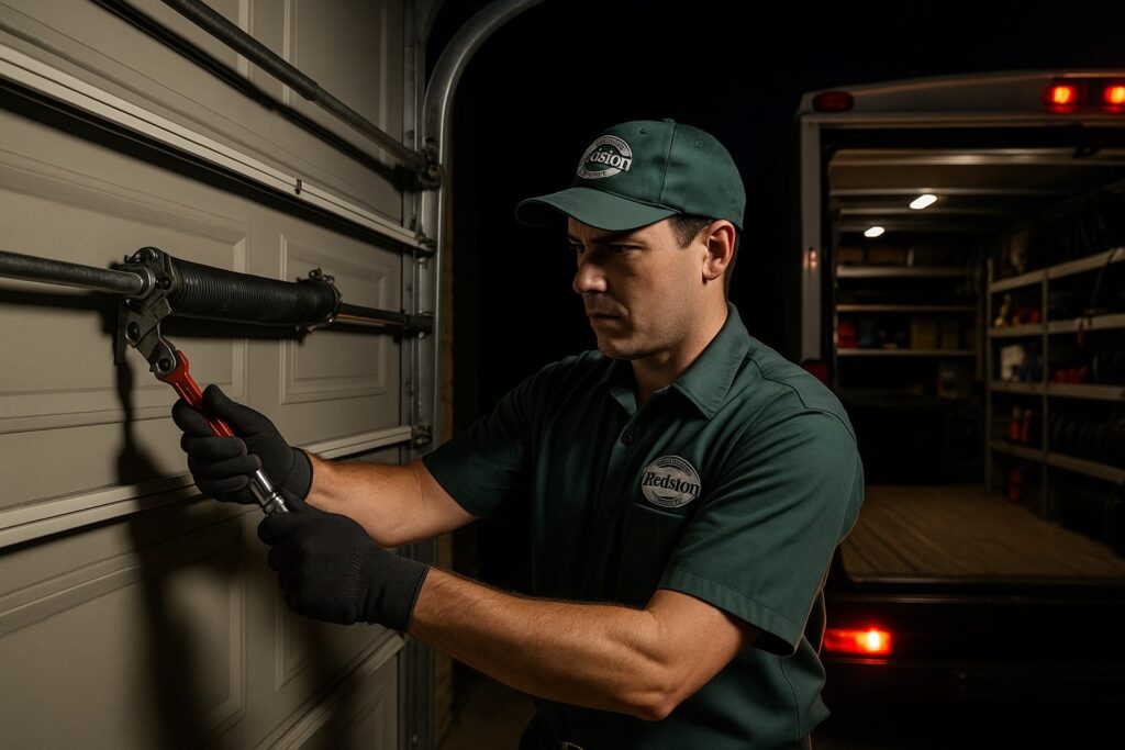 Precision Garage Door technician providing 24/7 emergency garage door repair service at night.
